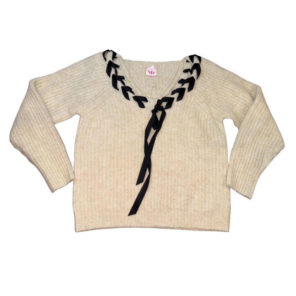 So Me Cream Sweater with Black Ribbon Detail | Women’s Medium | Soft Knit Lace-U